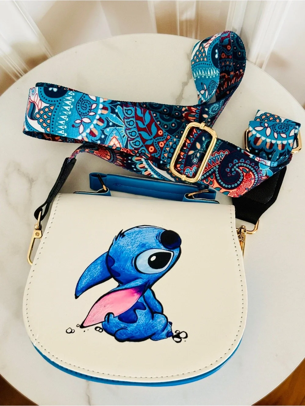 Blue Stitch Crossbody Bag for Kids with Patterned Strap